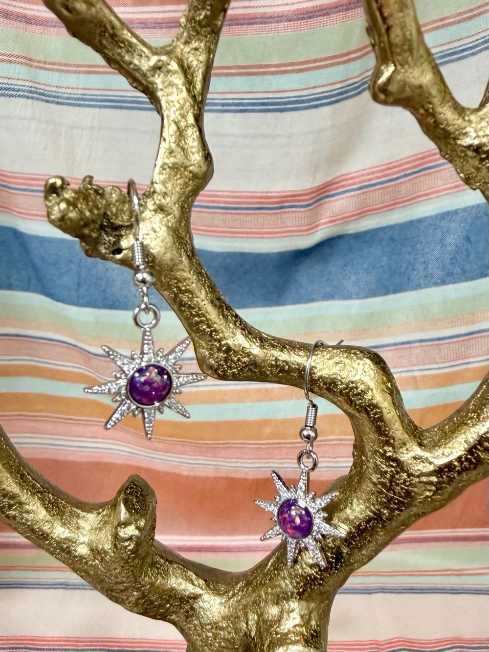 Handmade Silver Starburst Drop Earrings with Purple Cabochon Opal Accent